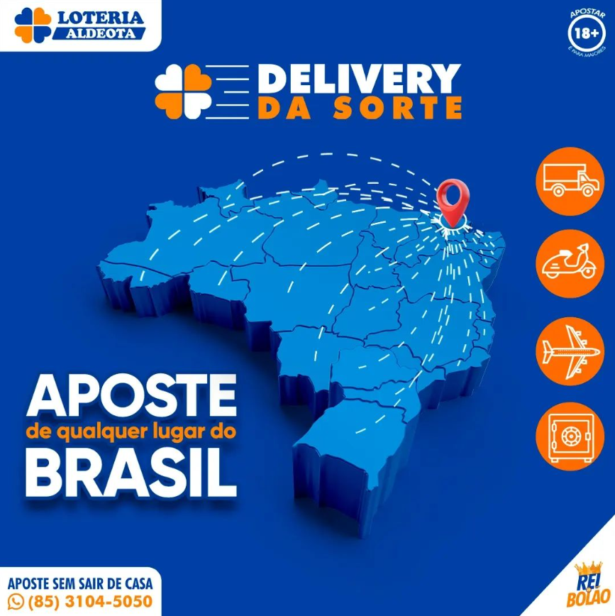 Banner Delivery da Sorte apresenta Mapa do Brasil e título "Aposte de Qualquer Lugar do Brasil". Loteria Aldeota entrega bolões em todo o Brasil.