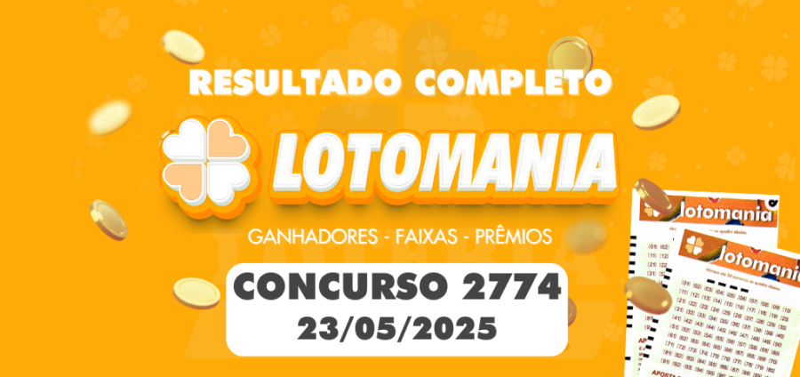 Imagem com resultado do concurso 2774 da Lotomania de 23/05/2025, com destaque para prêmios, faixas de acerto e números sorteados.