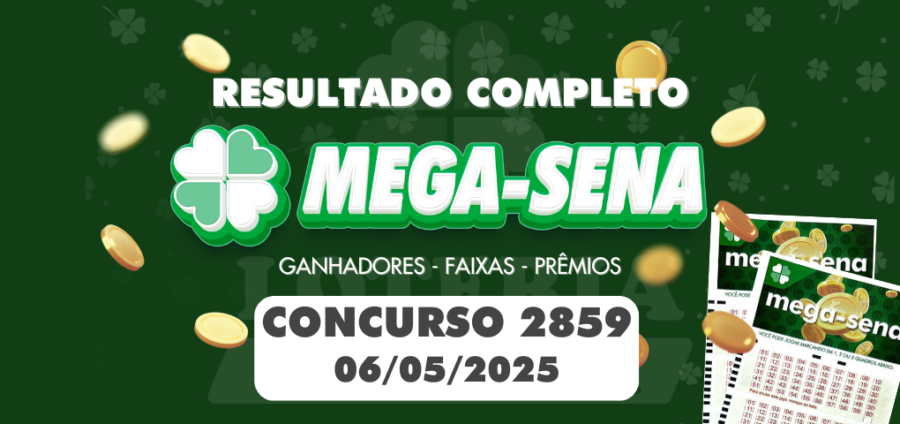 Imagem com o resultado do concurso Mega-Sena 2859 realizado em 06/05/2025 com destaque para os números sorteados