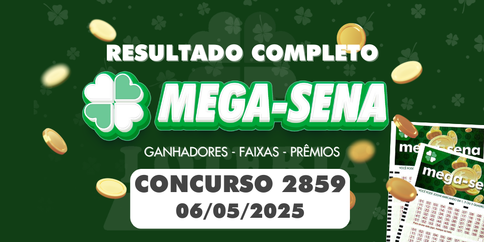 Imagem com o resultado do concurso Mega-Sena 2859 realizado em 06/05/2025 com destaque para os números sorteados